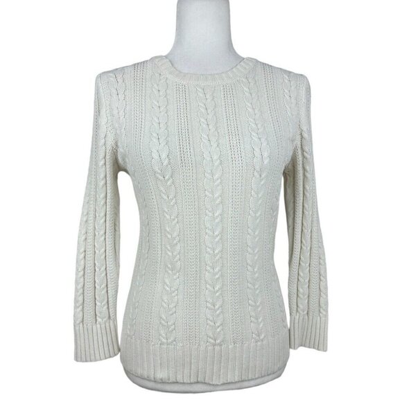 Express Women’s Off-White Y2K Cable Knit 3/4 Sleeve Crew Neck Sweater M/C32 - Picture 1 of 9